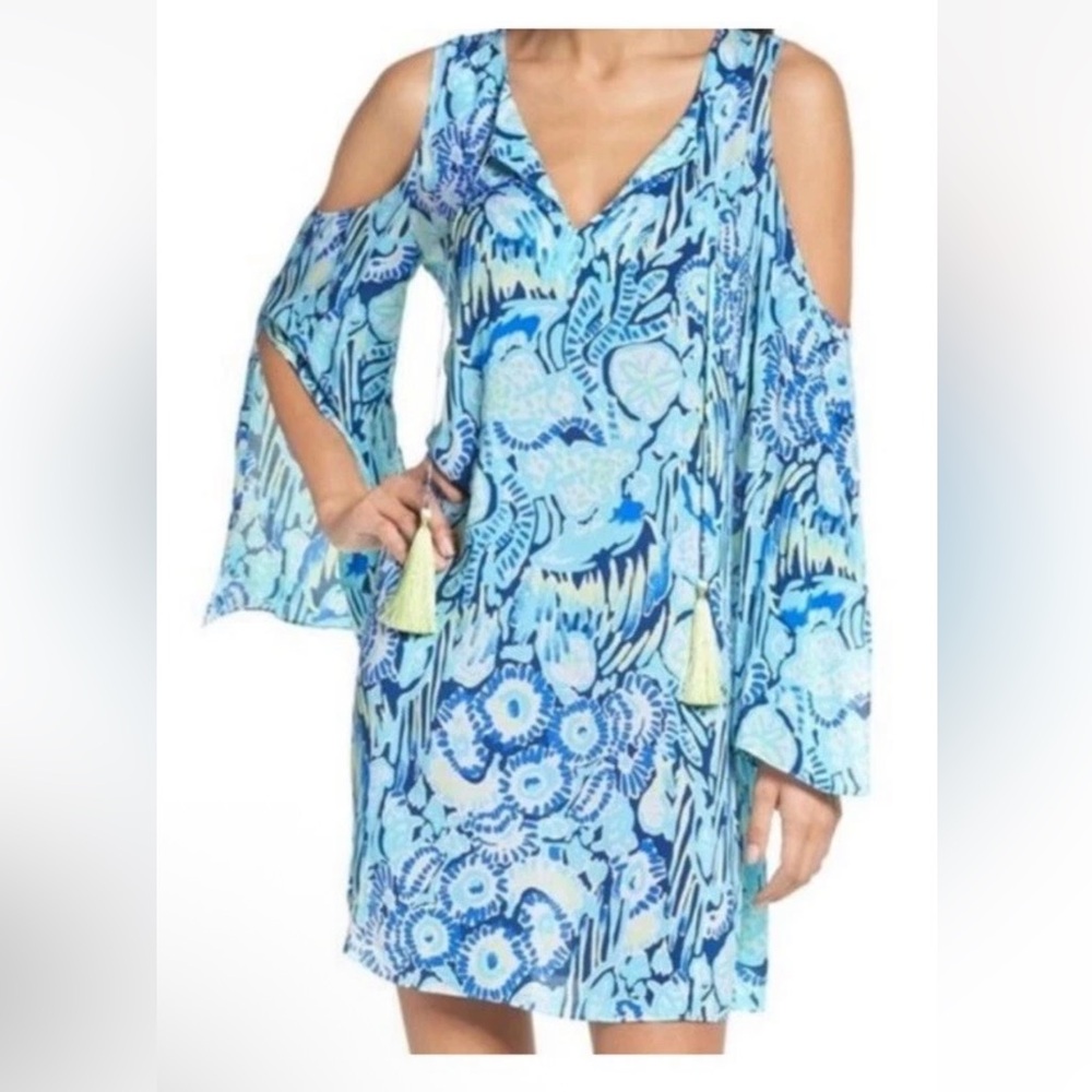 Lilly Pulitzer Cold Shoulder Dress Sz Small Tasseled Airy Blue Green EUC - Picture 2 of 12